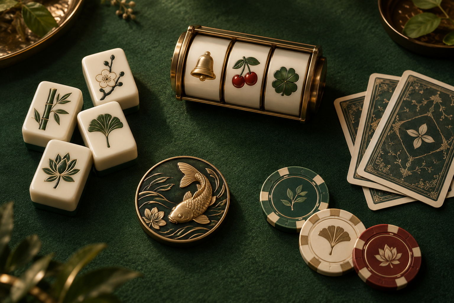 Ilustrasi meja kasino hijau dengan ubin mahjong, gulungan slot, kartu, dan keping.